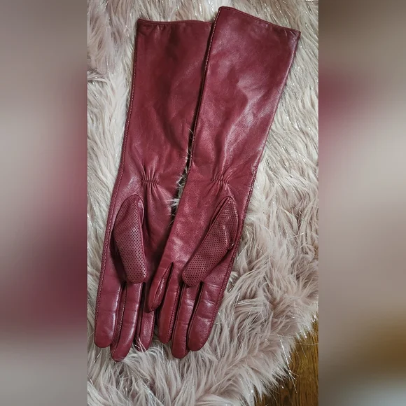 2 Pairs Of Elegant Teal Leather Gloves And Long Burgundy Leather Gloves - Picture 5 of 9